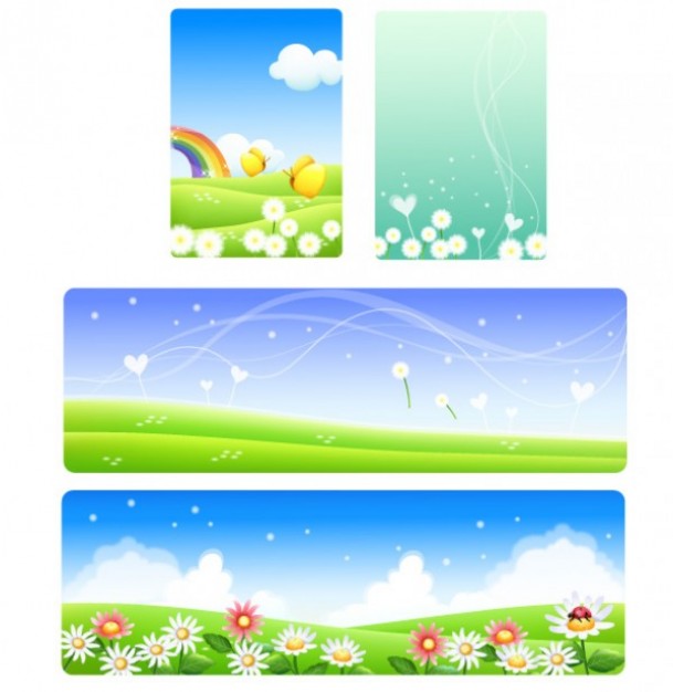 four spring background with flowers rainbow wind