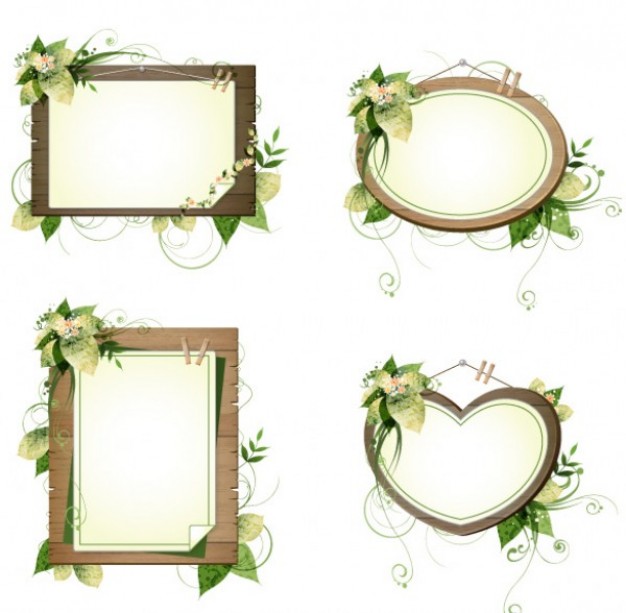 four wooden frames with floral decoration in heart square etc