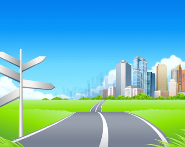 green city landscape with road Arrow and blue sky