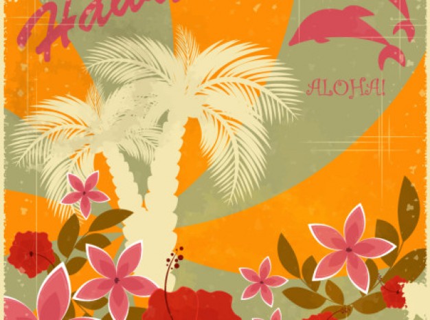 Hawaii hawaiian retro holiday background set about flowers dolphin