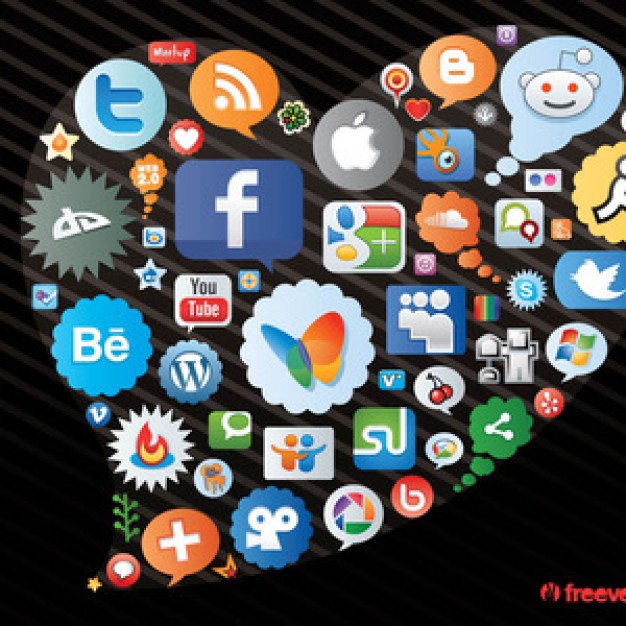 heart figure made of social network icons like twitter facebook