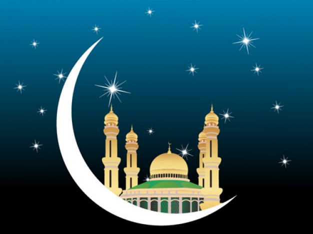 mosques graphic with Mubarak castle over blue sky and star