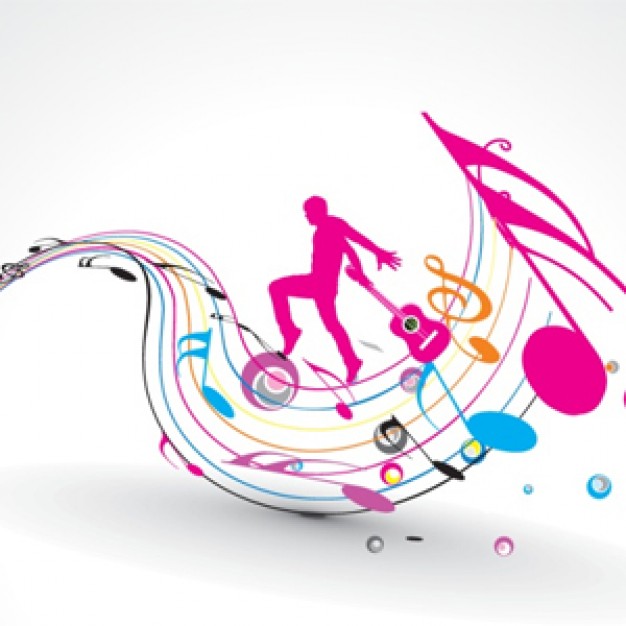 Music man Arts dancing over colorful music design elements notes silhouettes about music Guitar