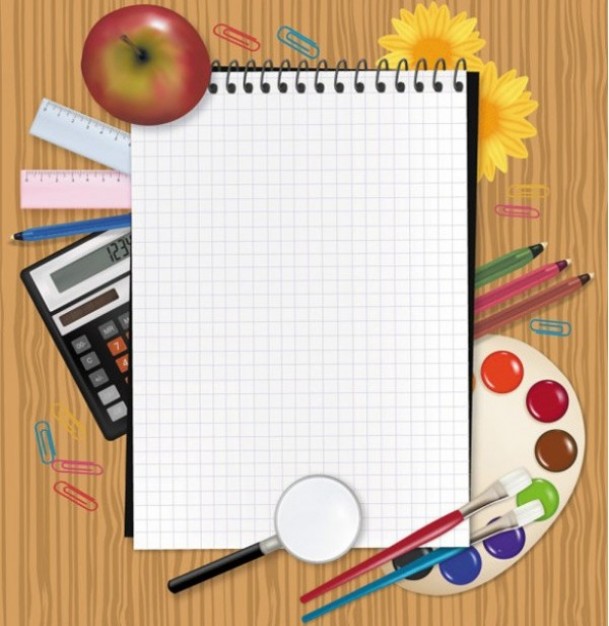 notepad over color palettes calculator pencil element
