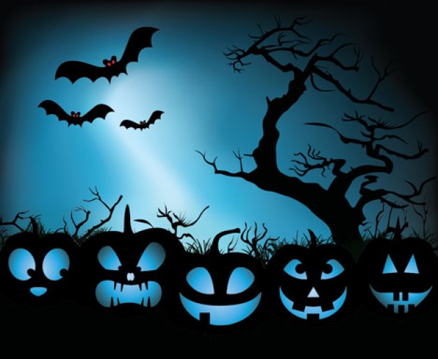 pumpkin of halloween with bat and night sky illustration
