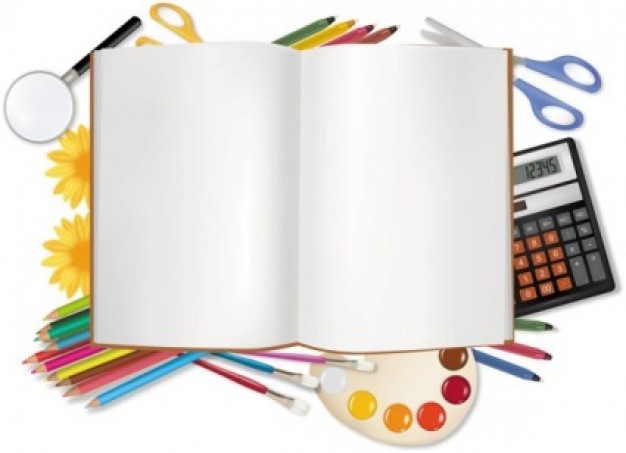 Stationery school Pencil elements in white background with book calculator pencil about Pencil case