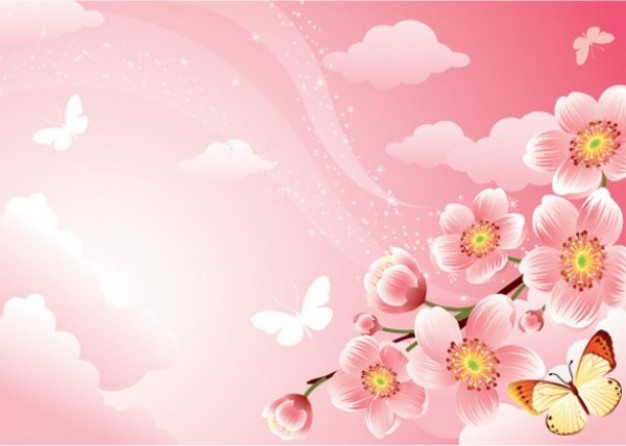 stylish pink blossoms illustrator over pink sky and cloud butterfly