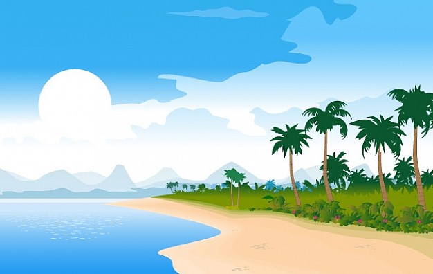 summer beach landscape image with coco trees and white clouds