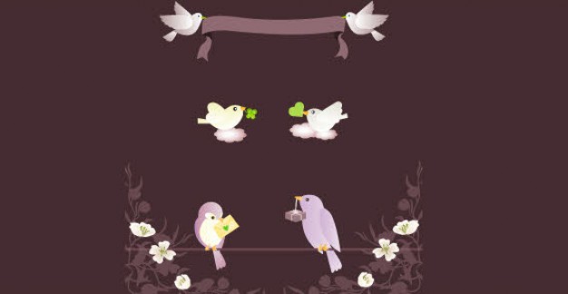 banner with love birds and ribbons over chocolate background