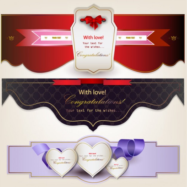 banners with ribbons and hearts in three types