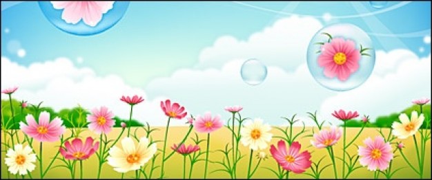 flower garden with cloud and blue sky bubbles