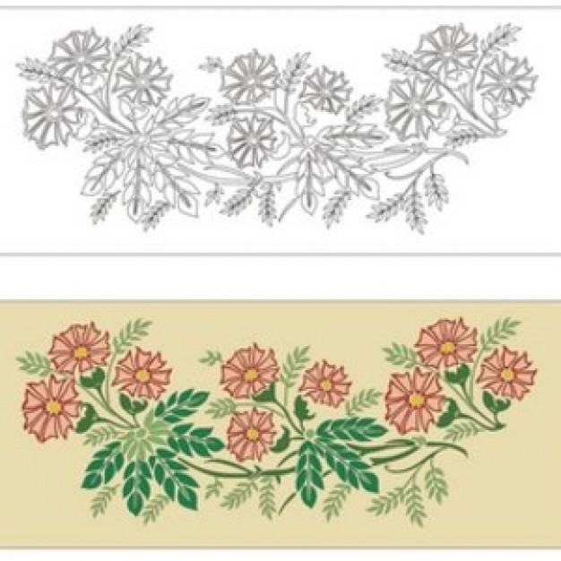 flowers and leaves Ornament in outline and colored