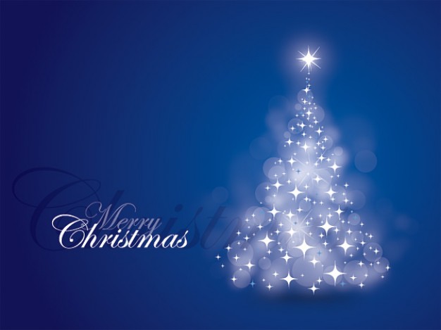 blue christmas card with Christmas tree and light on top