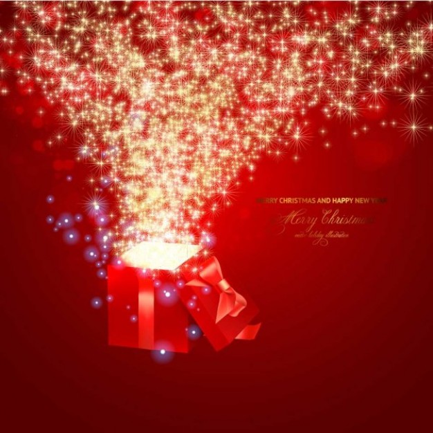 bright sparkles going out from a red gift box for Christmas card