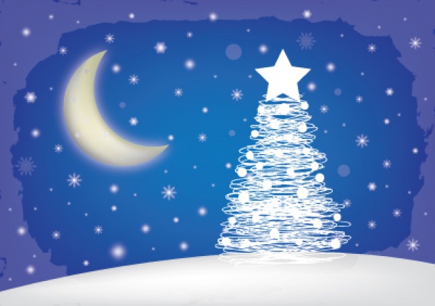 christmas card with Christmas tree moon and blue night sky