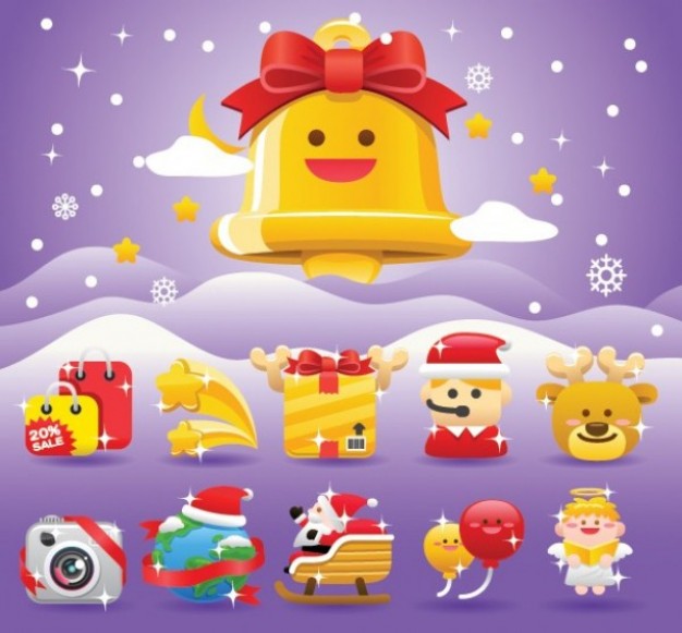 christmas cartoon icons set like camera santa deer bell etc