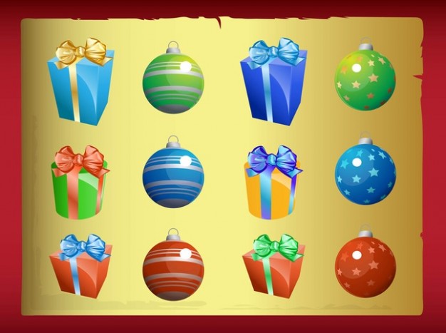 christmas elements with presents and balls and earth yellow background