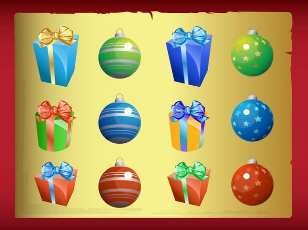 christmas elements with presents and balls and earth yellow background