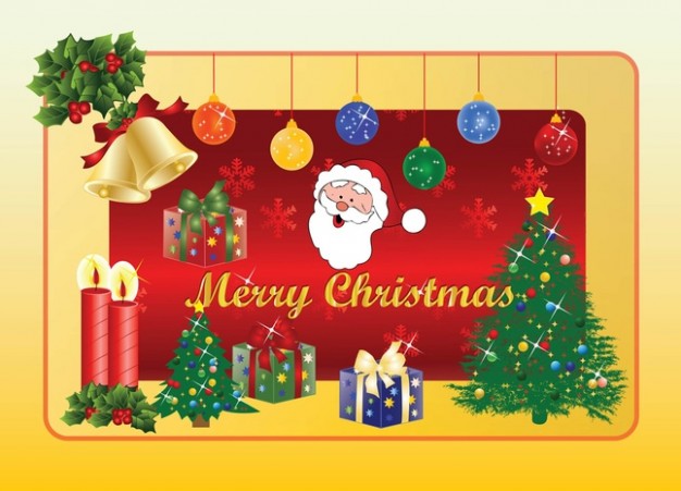 christmas graphics frame with bell gift box ball tree santa