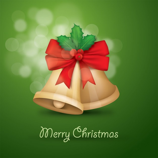 Christmas Holiday bells with ribbons and green background