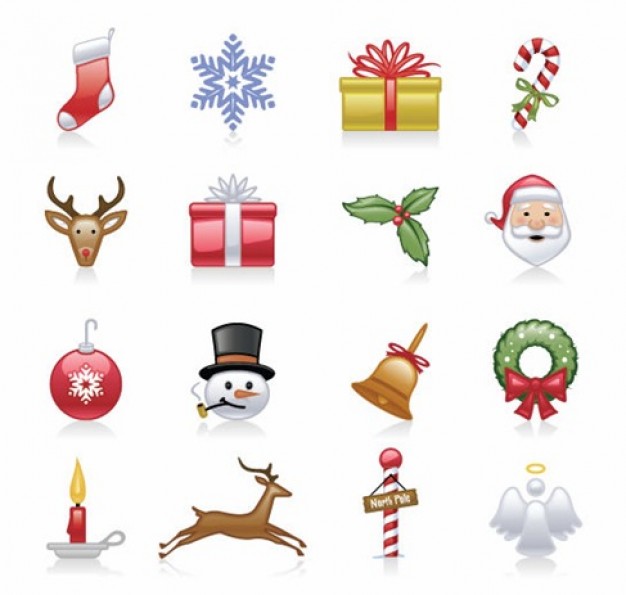 christmas icons set with elk santa snowman leaf gift box snowflake