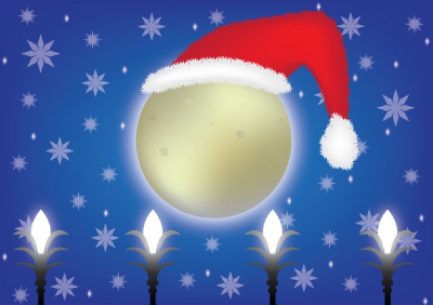 christmas moon with santa claus hat over snowflakes sky