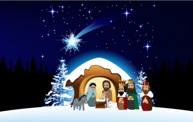 Christmas night Jesus crib about blue night sky Bethlehem Mary