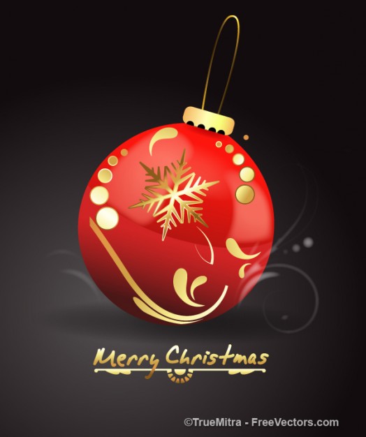 christmas red ball with golden snowflake and swirl over dark background