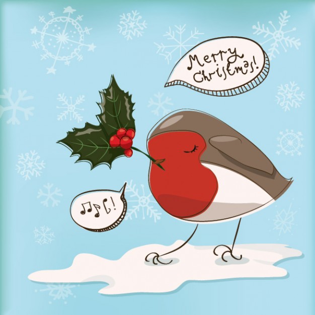 christmas robin with leaf at snow flower over snowflake background