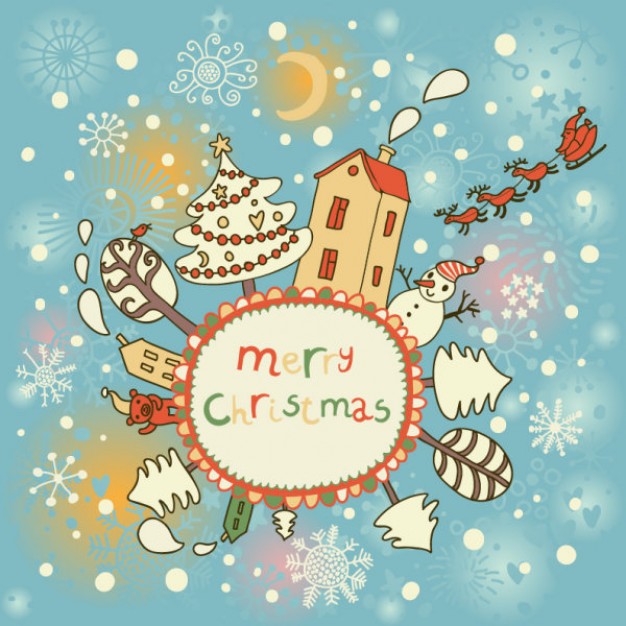 christmas scene around a white circle with snowflakes background