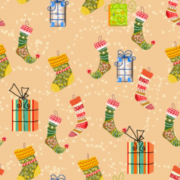 christmas socks and boxes pattern with earth yellow background