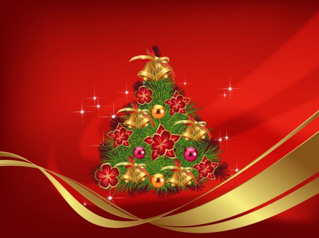 Christmas tree on golden waves with a red background about Holidays Tree