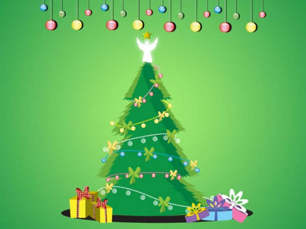 christmas tree set with gift box and balls over green background