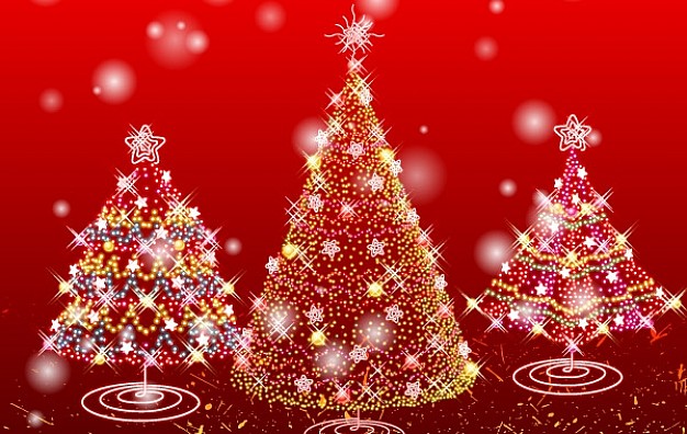 christmas trees with lights over red background