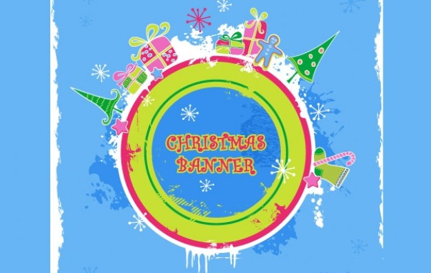 cute candy colored christmas banner with colorful circle arounded with Christmas elements