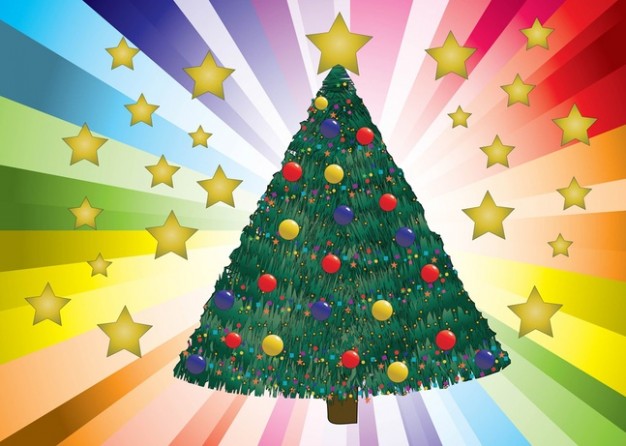 decorated christmas tree with colorful sunburst