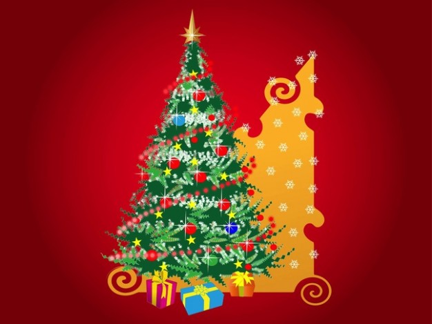 decorative christmas tree with gifts and red background