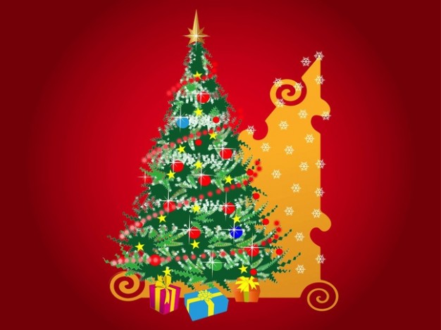 decorative christmas tree with gifts and red background