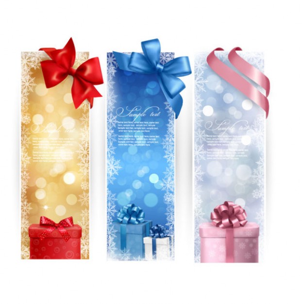 elegant christmas gift banner vectors with snowflakes and colorful ribbons