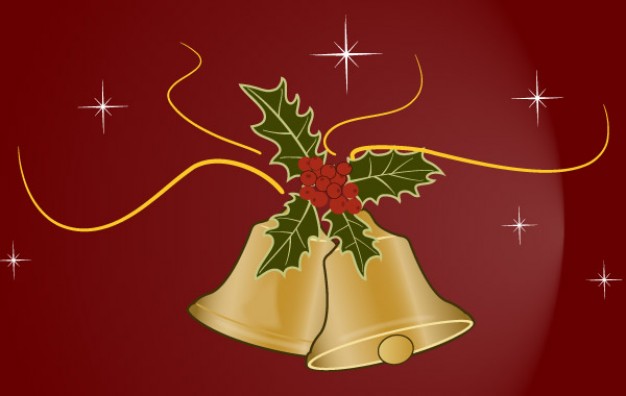 golden bells with mistletoe over red background