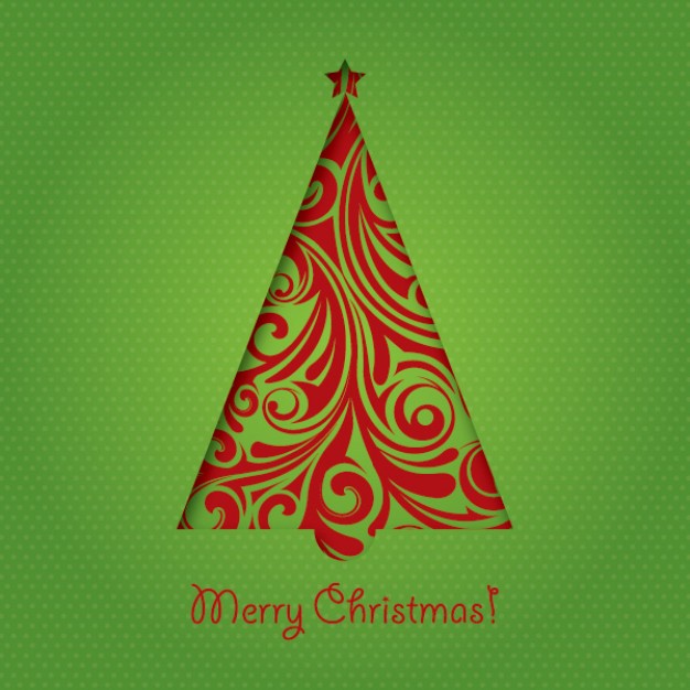 green christmas card with Christmas tree made of red swirls