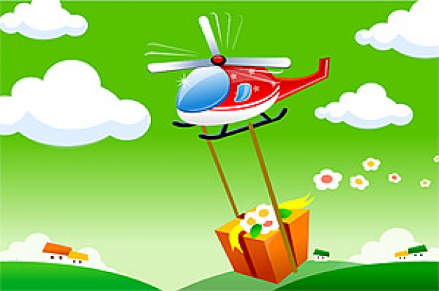 Helicopter cartoon Aviation helicopter material about gift box cloud