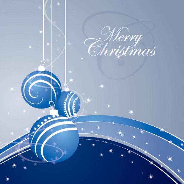 magical christmas card with blue balls of swirls and blue waves