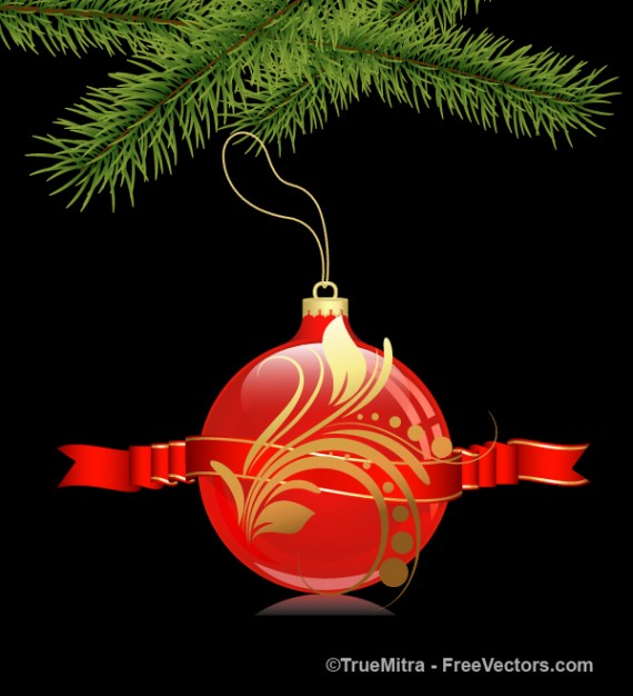 red christmas ball with ornaments and green branch