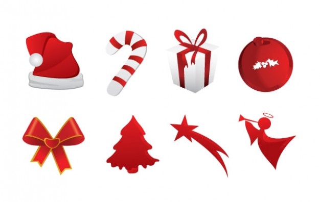 red christmas icons including hat tie gift box ball