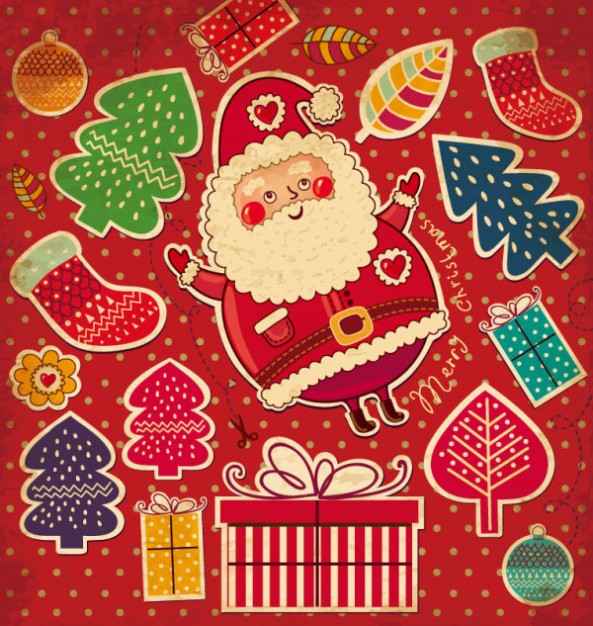 santa and christmas elements in srcapbook style with red background