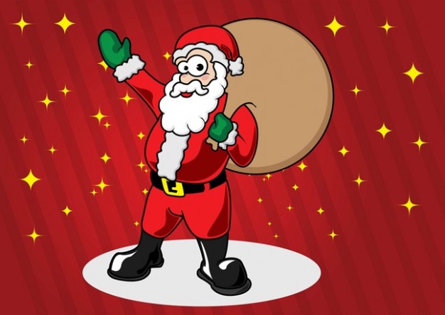 santa claus cartoon carrying a bag with red and yellow stars background