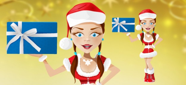 Santa Claus Christmas girl character with present about North Pole Christmas Eve