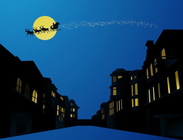 Santa Claus christmas night buildings orange full moon presents about North Pole Holidays