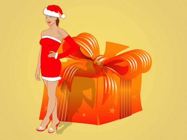 Santa Claus sexy Christmas girl with attractive gift box about Holiday scene